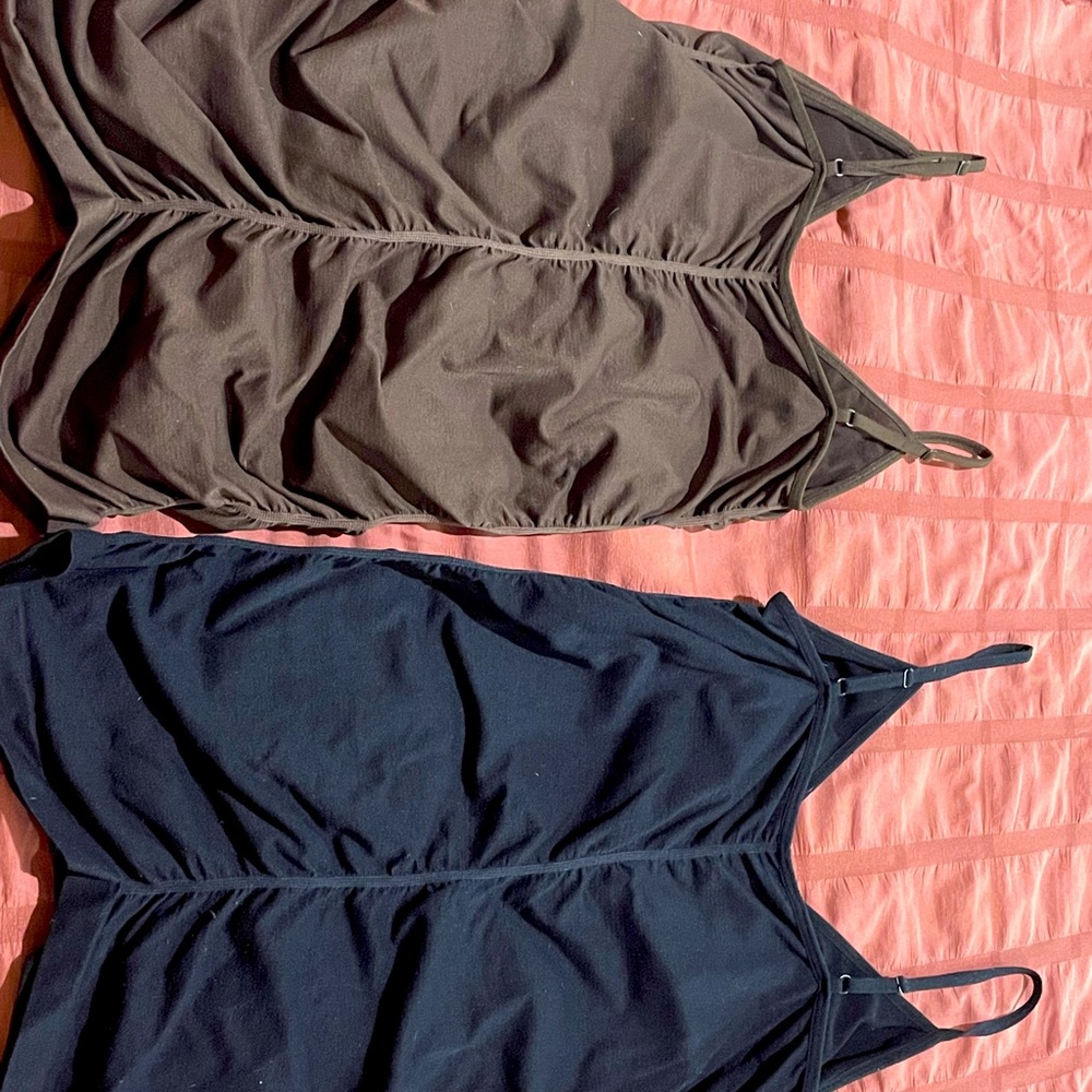 Combo deal - 1 black and 1 brown M/L BCBG ruched camis with adjustable straps.